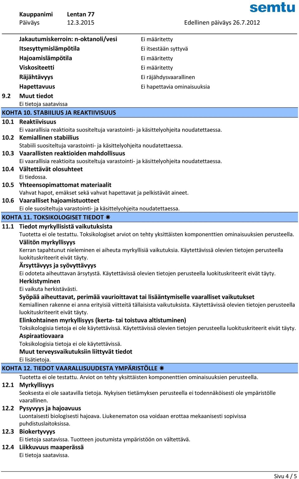 10.3 Vaarallisten reaktioiden mahdollisuus Ei vaarallisia reaktioita suositeltuja varastointi- ja käsittelyohjeita noudatettaessa. 10.