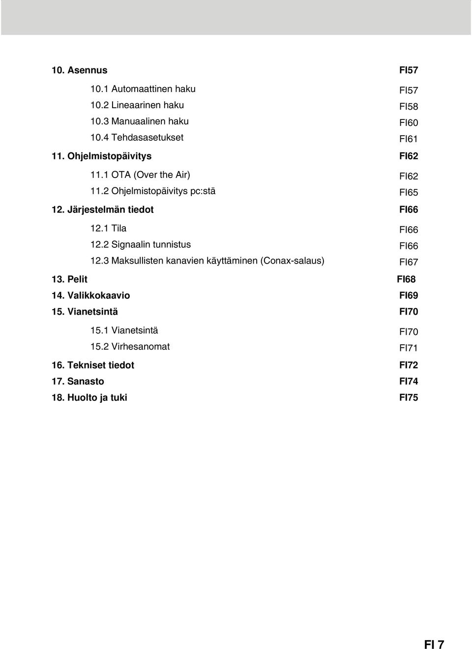 3 Maksullisten kanavien käyttäminen (Conax-salaus) FI57 FI57 FI58 FI60 FI61 FI62 FI62 FI65 FI66 FI66 FI66 FI67 13. Pelit FI68 14.