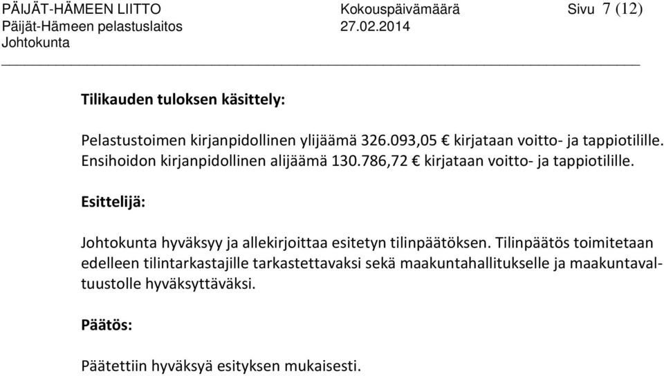 Ensihoidon kirjanpidollinen alijäämä 130.786,72 kirjataan voitto- ja tappiotilille.