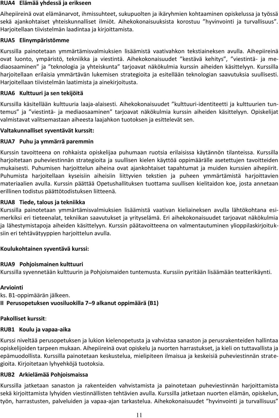 RUA5 Elinympäristömme Kurssilla painotetaan ymmärtämisvalmiuksien lisäämistä vaativahkon tekstiaineksen avulla. Aihepiireinä ovat luonto, ympäristö, tekniikka ja viestintä.