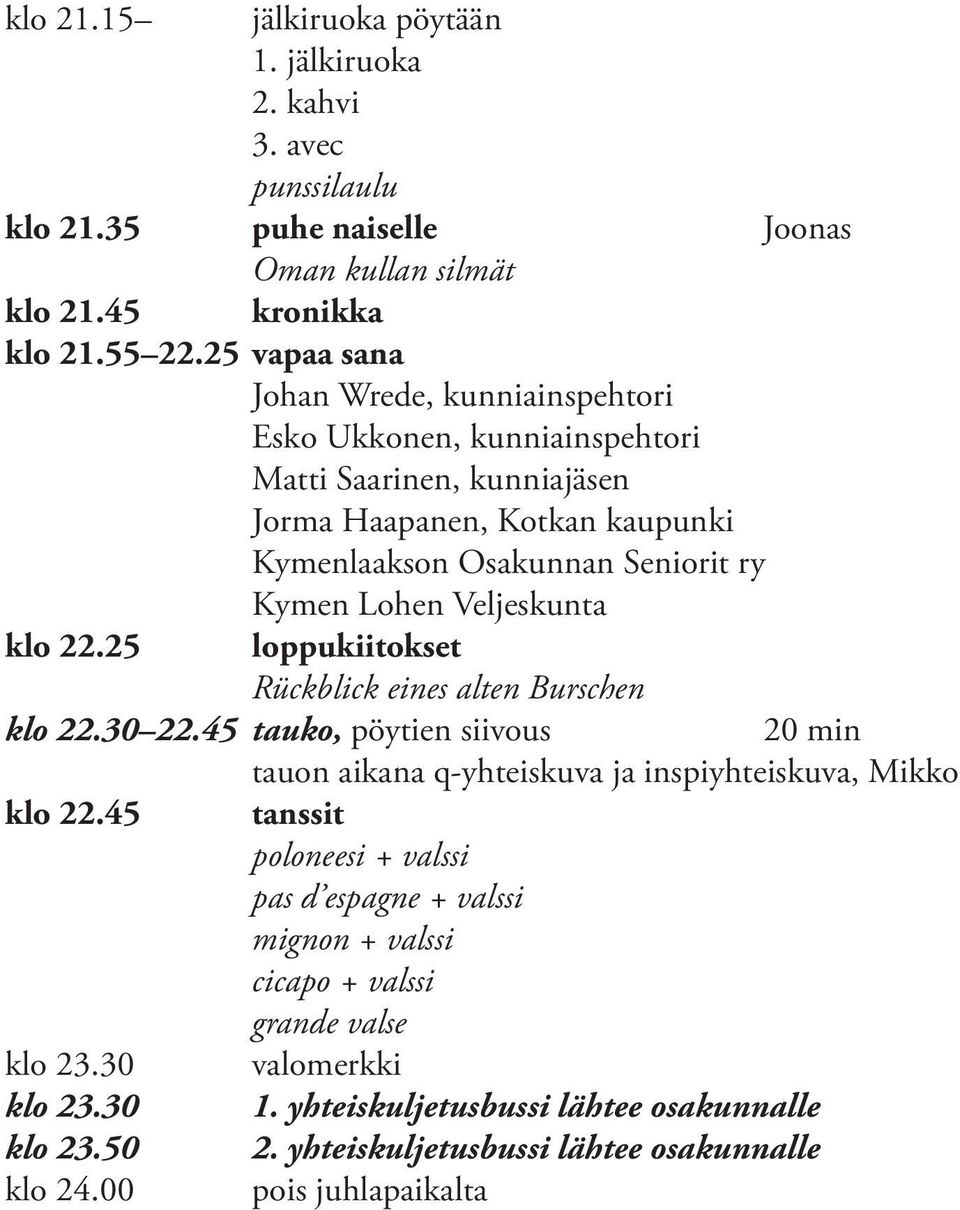 Veljeskunta klo 22.25 loppukiitokset Rückblick eines alten Burschen klo 22.30 22.45 tauko, pöytien siivous 20 min tauon aikana q-yhteiskuva ja inspiyhteiskuva, Mikko klo 22.