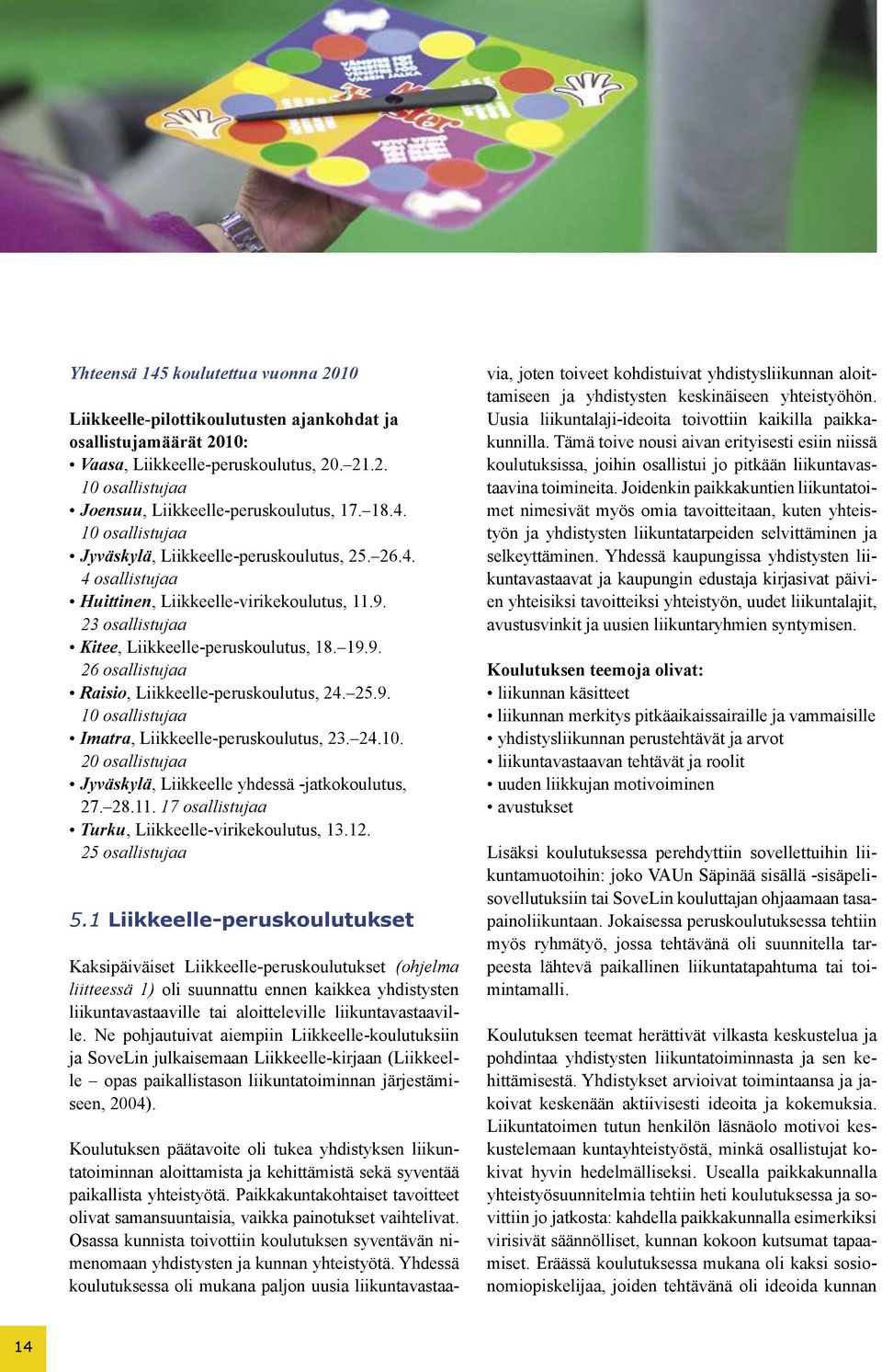 25.9. 10 osallistujaa Imatra, Liikkeelle-peruskoulutus, 23. 24.10. 20 osallistujaa Jyväskylä, Liikkeelle yhdessä -jatkokoulutus, 27. 28.11. 17 osallistujaa Turku, Liikkeelle-virikekoulutus, 13.12.