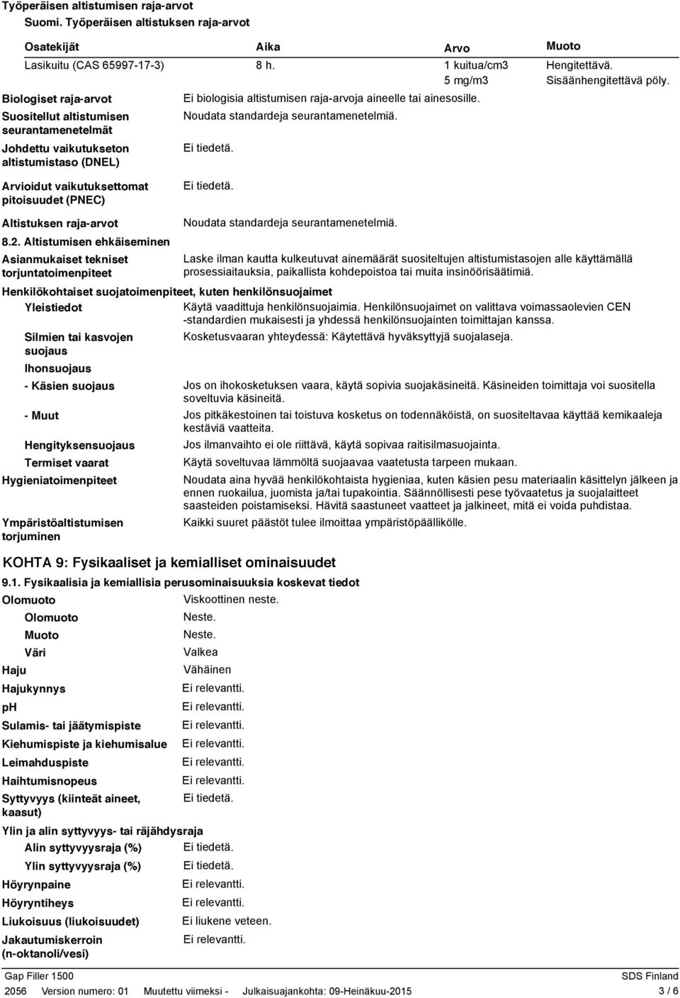 vaikutuksettomat pitoisuudet (PNEC) Aika Arvo Muoto 8 h. 1 kuitua/cm3 Hengitettävä. 5 mg/m3 Sisäänhengitettävä pöly. Ei biologisia altistumisen raja-arvoja aineelle tai ainesosille.