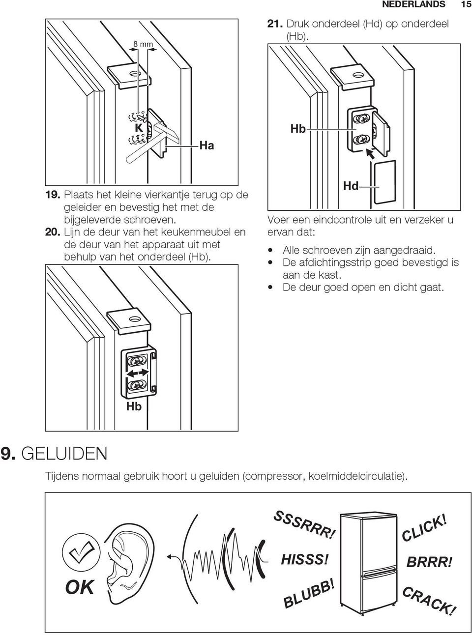 Lijn de deur van het keukenmeubel en de deur van het apparaat uit met behulp van het onderdeel (Hb).