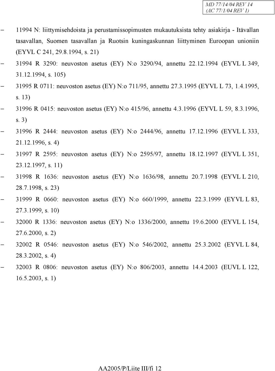13) 31996 R 0415: neuvoston asetus (EY) N:o 415/96, annettu 4.3.1996 (EYVL L 59, 8.3.1996, s. 3) 31996 R 2444: neuvoston asetus (EY) N:o 2444/96, annettu 17.12.1996 (EYVL L 333, 21.12.1996, s. 4) 31997 R 2595: neuvoston asetus (EY) N:o 2595/97, annettu 18.