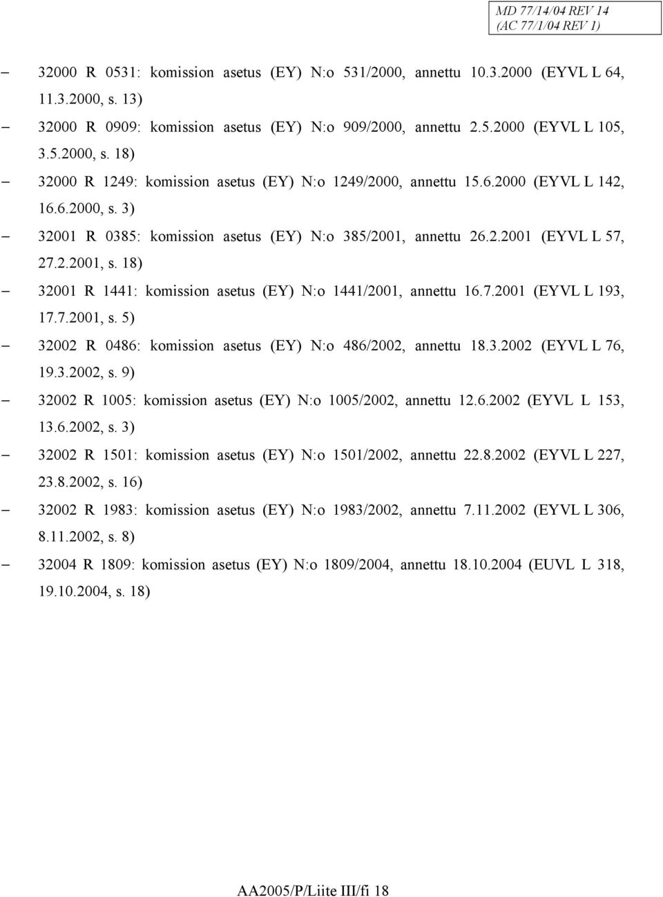 7.2001, s. 5) 32002 R 0486: komission asetus (EY) N:o 486/2002, annettu 18.3.2002 (EYVL L 76, 19.3.2002, s. 9) 32002 R 1005: komission asetus (EY) N:o 1005/2002, annettu 12.6.2002 (EYVL L 153, 13.6.2002, s. 3) 32002 R 1501: komission asetus (EY) N:o 1501/2002, annettu 22.