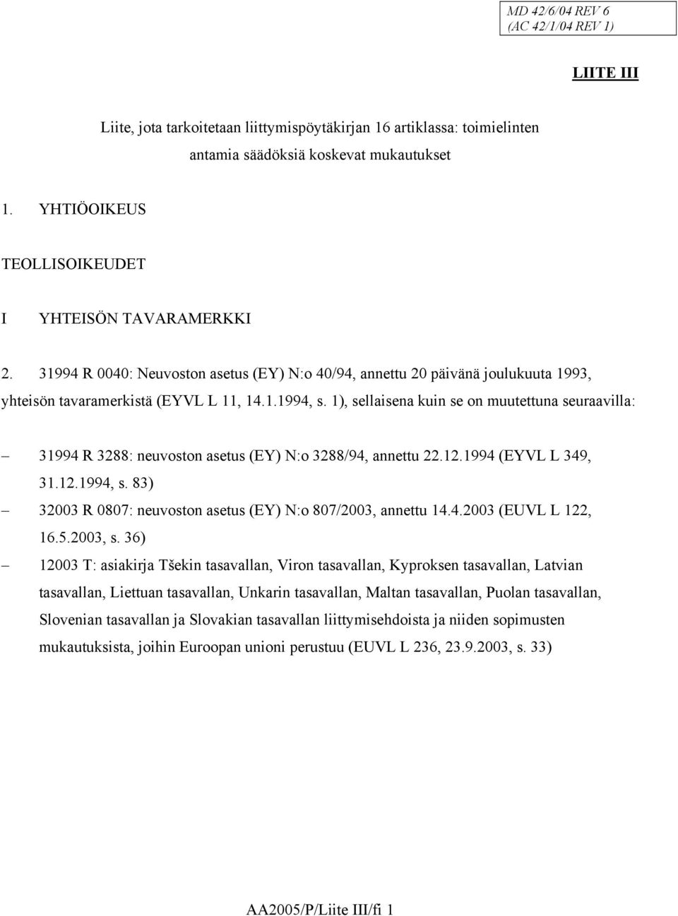 1), sellaisena kuin se on muutettuna seuraavilla: 31994 R 3288: neuvoston asetus (EY) N:o 3288/94, annettu 22.12.1994 (EYVL L 349, 31.12.1994, s.