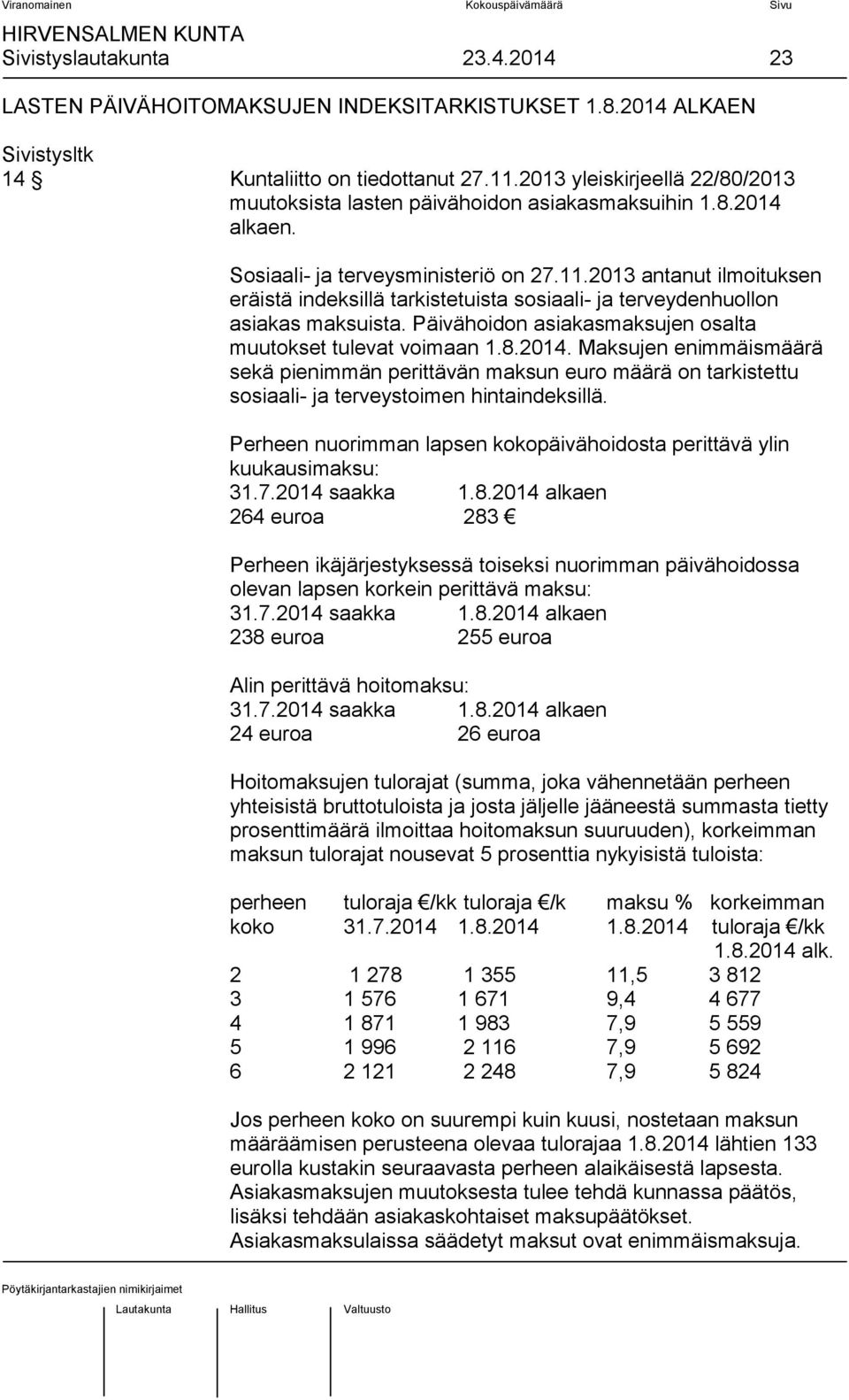 2013 antanut ilmoituksen eräistä indeksillä tarkistetuista sosiaali- ja terveydenhuollon asiakas maksuista. Päivähoidon asiakasmaksujen osalta muutokset tulevat voimaan 1.8.2014.