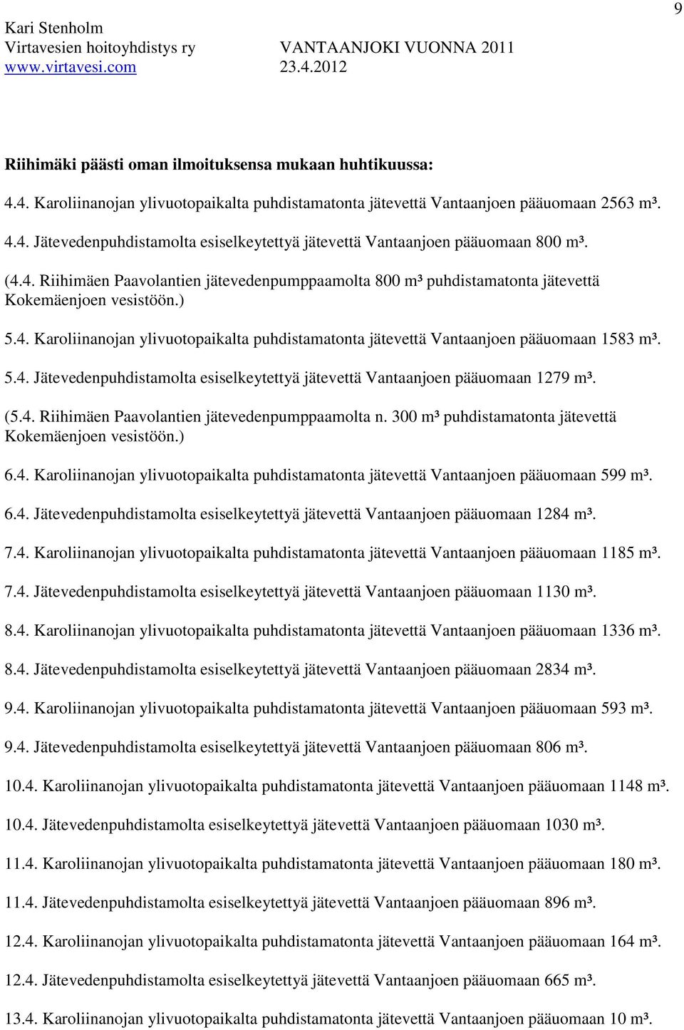 5.4. Jätevedenpuhdistamolta esiselkeytettyä jätevettä Vantaanjoen pääuomaan 1279 m³. (5.4. Riihimäen Paavolantien jätevedenpumppaamolta n. 300 m³ puhdistamatonta jätevettä Kokemäenjoen vesistöön.) 6.