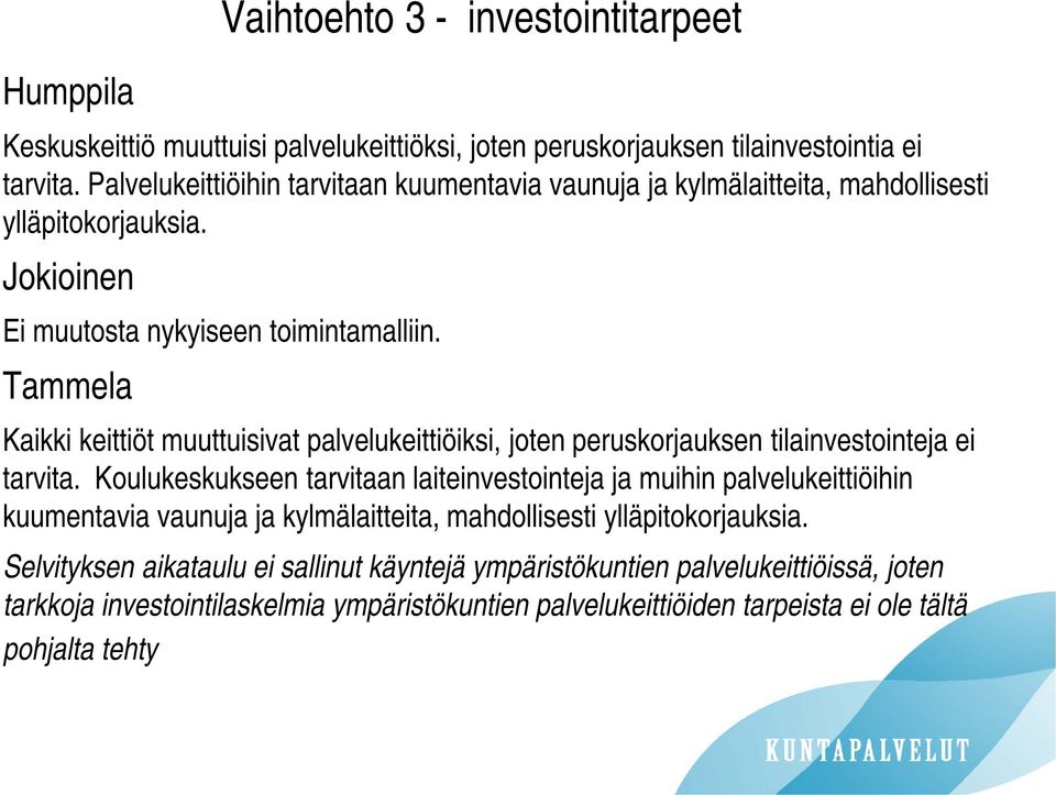 Tammela Kaikki keittiöt muuttuisivat palvelukeittiöiksi, joten peruskorjauksen tilainvestointeja ei tarvita.