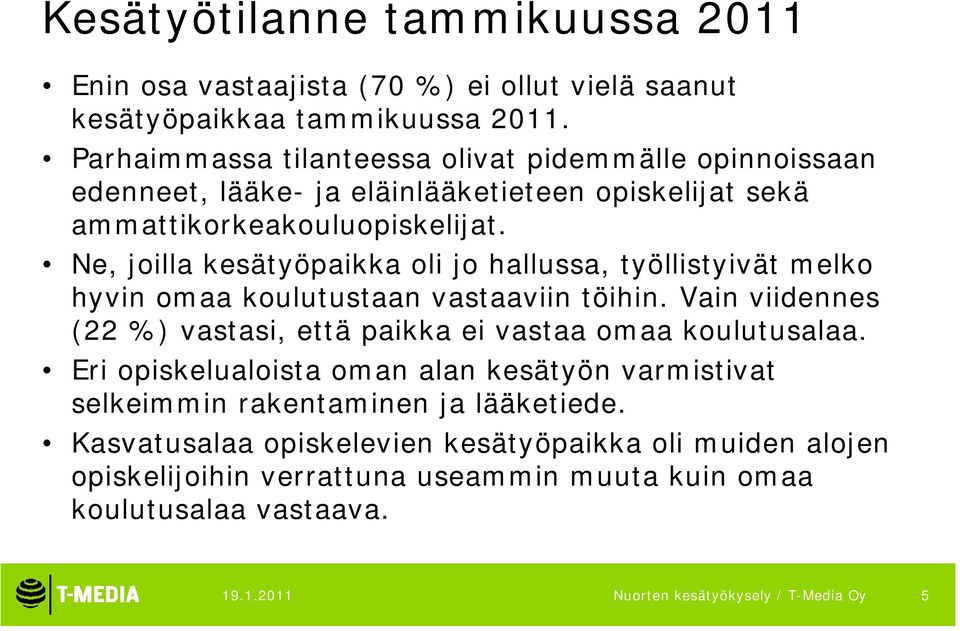 Ne, joilla kesätyöpaikka oli jo hallussa, työllistyivät melko hyvin omaa koulutustaan vastaaviin töihin. Vain viidennes (22 %) vastasi, että paikka ei vastaa omaa koulutusalaa.