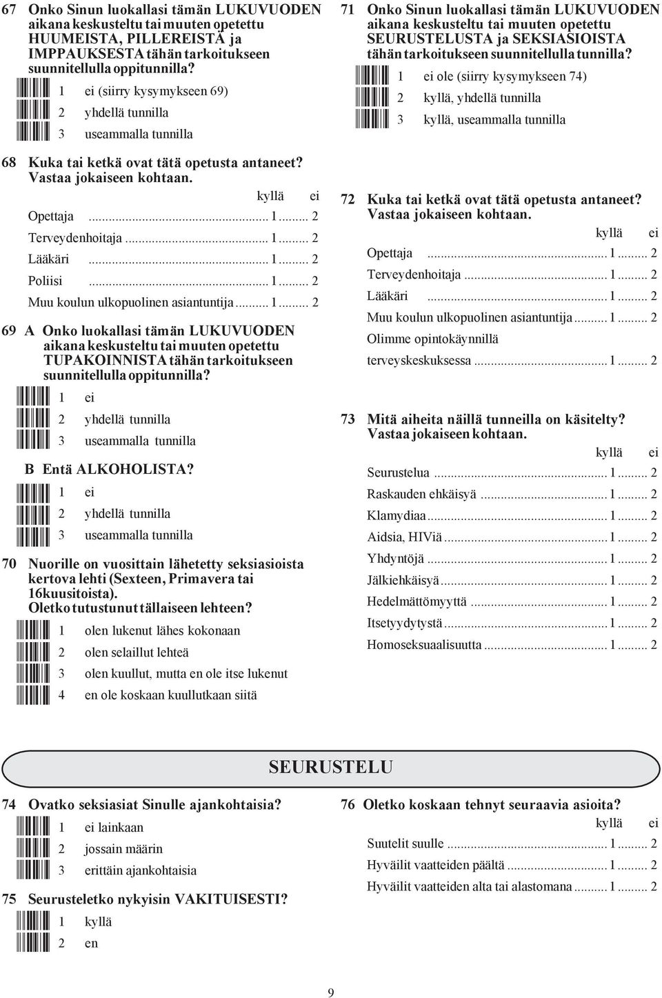 .. 1... 2 Lääkäri... 1... 2 Poliisi... 1... 2 Muu koulun ulkopuolinen asiantuntija... 1... 2 69 A Onko luokallasi tämän LUKUVUODEN aikana keskusteltu tai muuten opetettu TUPAKOINNISTA tähän tarkoitukseen suunnitellulla oppitunnilla?