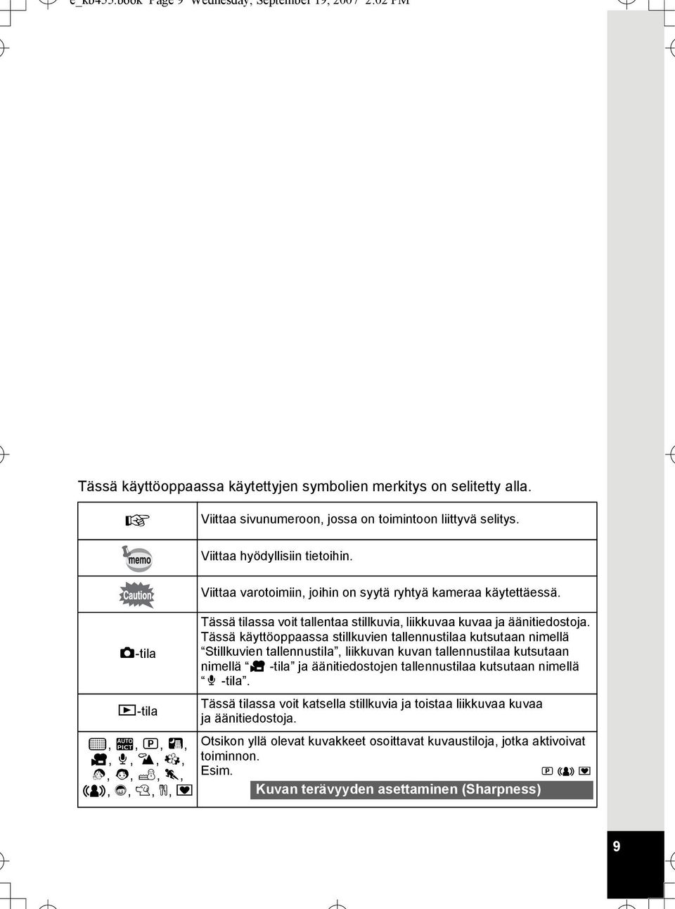 Viittaa varotoimiin, joihin on syytä ryhtyä kameraa käytettäessä. Tässä tilassa voit tallentaa stillkuvia, liikkuvaa kuvaa ja äänitiedostoja.