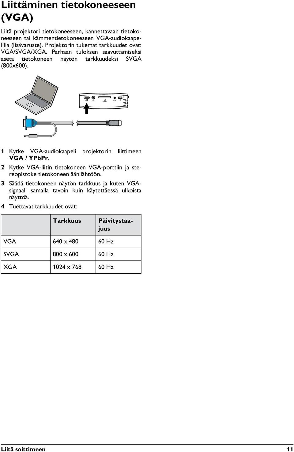 Laptop VGA 1 Kytke VGA-audiokaapeli projektorin liittimeen VGA / YPbPr. 2 Kytke VGA-liitin tietokoneen VGA-porttiin ja stereopistoke tietokoneen äänilähtöön.