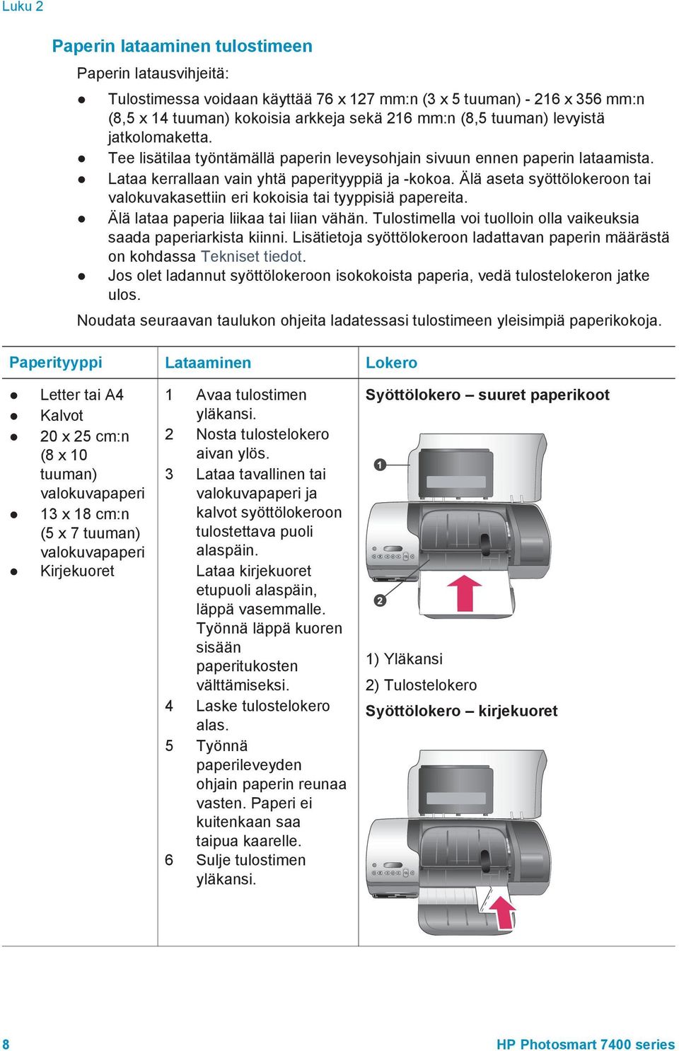 Älä aseta syöttölokeroon tai valokuvakasettiin eri kokoisia tai tyyppisiä papereita. Älä lataa paperia liikaa tai liian vähän. Tulostimella voi tuolloin olla vaikeuksia saada paperiarkista kiinni.