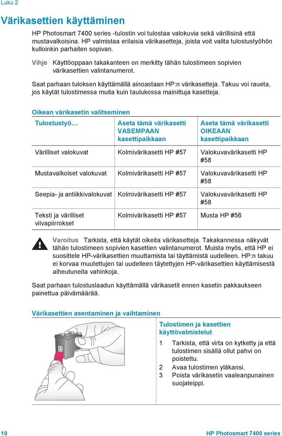 Vihje Käyttöoppaan takakanteen on merkitty tähän tulostimeen sopivien värikasettien valintanumerot. Saat parhaan tuloksen käyttämällä ainoastaan HP:n värikasetteja.