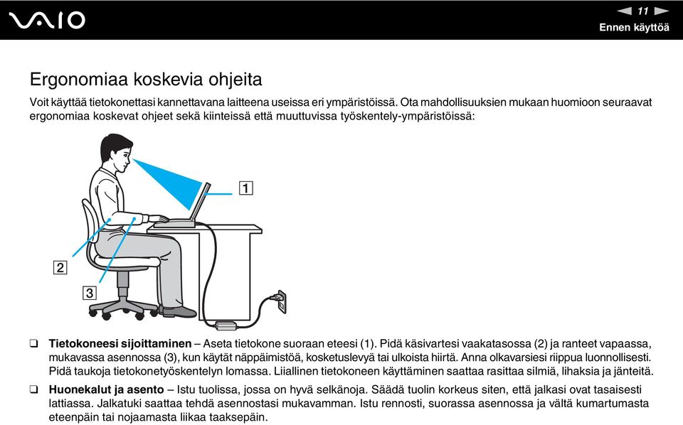 Pidä käsivartesi vaakatasossa (2) ja ranteet vapaassa, mukavassa asennossa (3), kun käytät näppäimistöä, kosketuslevyä tai ulkoista hiirtä. Anna olkavarsiesi riippua luonnollisesti.