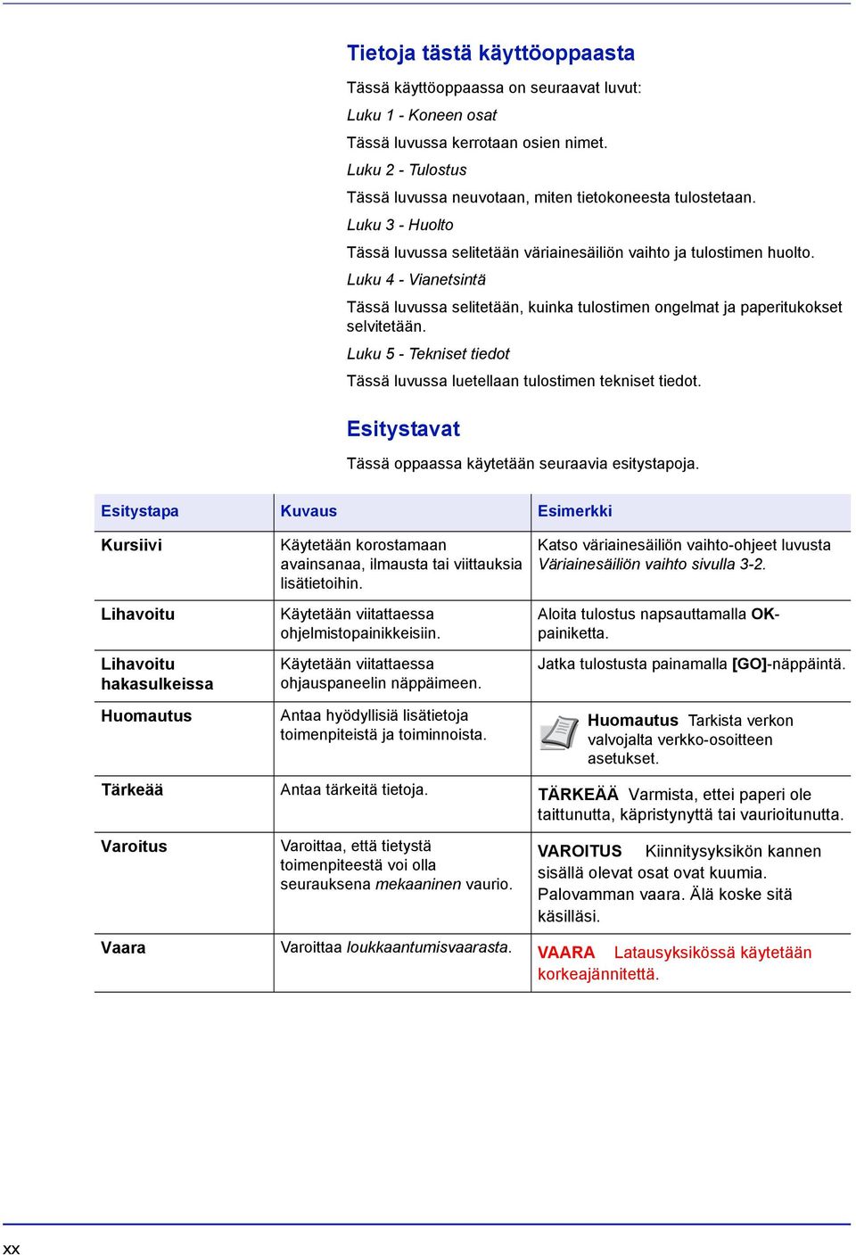 Luku 4 - Vianetsintä Tässä luvussa selitetään, kuinka tulostimen ongelmat ja paperitukokset selvitetään. Luku 5 - Tekniset tiedot Tässä luvussa luetellaan tulostimen tekniset tiedot.