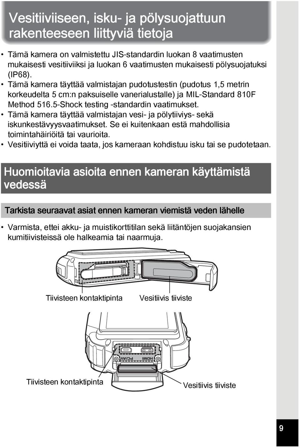 5-Shock testing -standardin vaatimukset. Tämä kamera täyttää valmistajan vesi- ja pölytiiviys- sekä iskunkestävyysvaatimukset. Se ei kuitenkaan estä mahdollisia toimintahäiriöitä tai vaurioita.