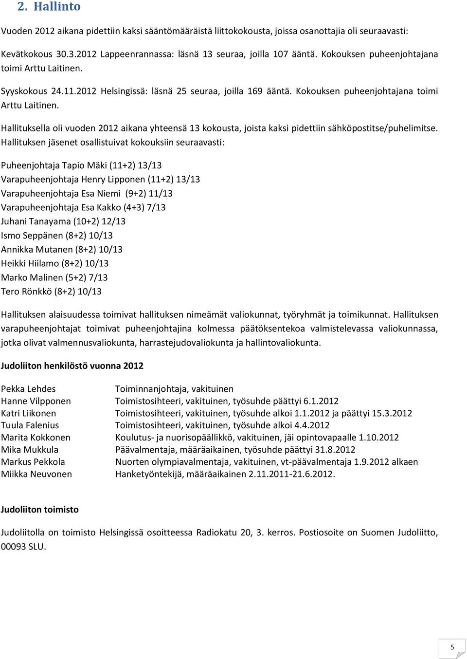 Hallituksella oli vuoden 2012 aikana yhteensä 13 kokousta, joista kaksi pidettiin sähköpostitse/puhelimitse.