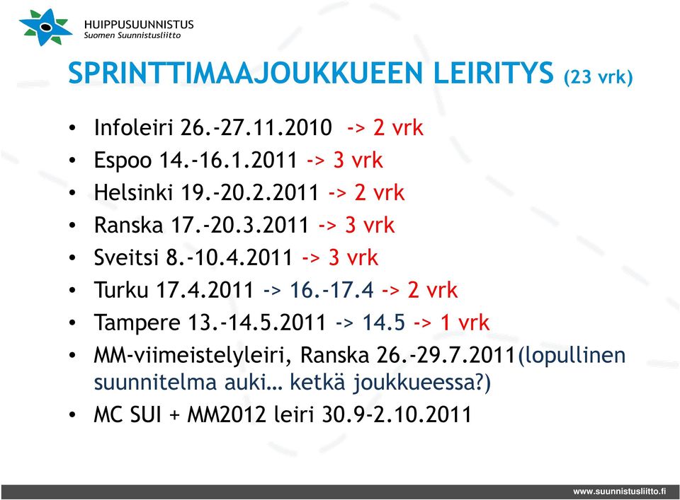 -17.4 -> 2 vrk Tampere 13.-14.5.2011 -> 14.5 -> 1 vrk MM-viimeistelyleiri, Ranska 26.-29.7.2011(lopullinen suunnitelma auki ketkä joukkueessa?