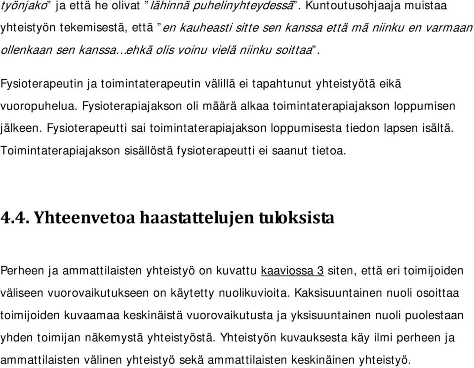 Fysioterapeutin ja toimintaterapeutin välillä ei tapahtunut yhteistyötä eikä vuoropuhelua. Fysioterapiajakson oli määrä alkaa toimintaterapiajakson loppumisen jälkeen.