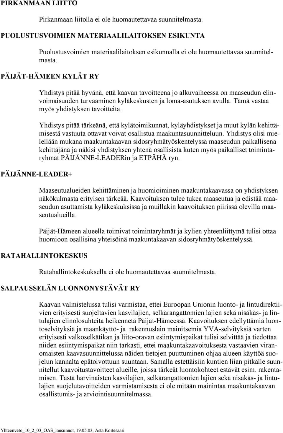 PÄIJÄT-HÄMEEN KYLÄT RY PÄIJÄNNE-LEADER+ Yhdistys pitää hyvänä, että kaavan tavoitteena jo alkuvaiheessa on maaseudun elinvoimaisuuden turvaaminen kyläkeskusten ja loma-asutuksen avulla.