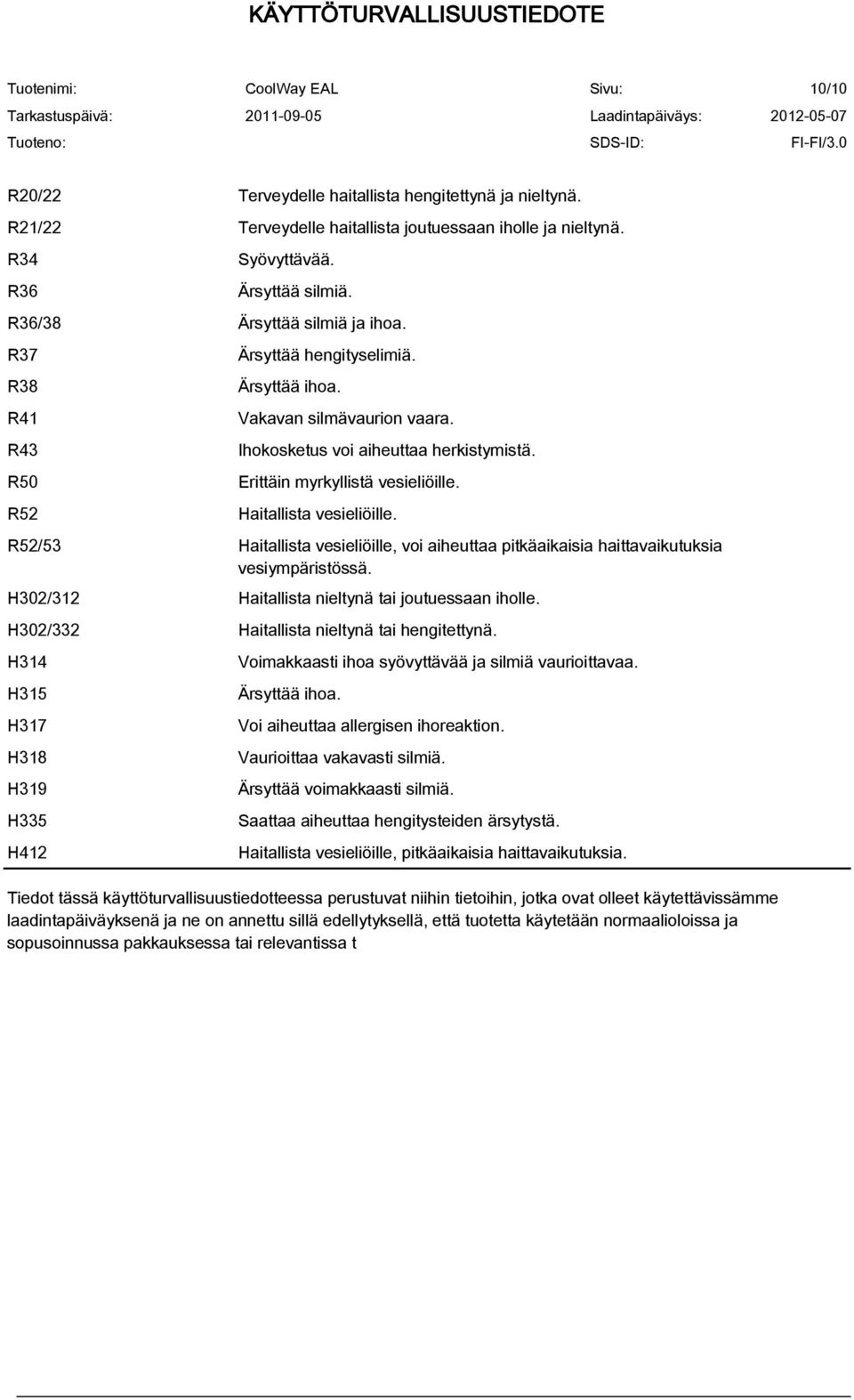 R52/53 Haitallista vesieliöille, voi aiheuttaa pitkäaikaisia haittavaikutuksia vesiympäristössä. H302/312 Haitallista nieltynä tai joutuessaan iholle. H302/332 Haitallista nieltynä tai hengitettynä.