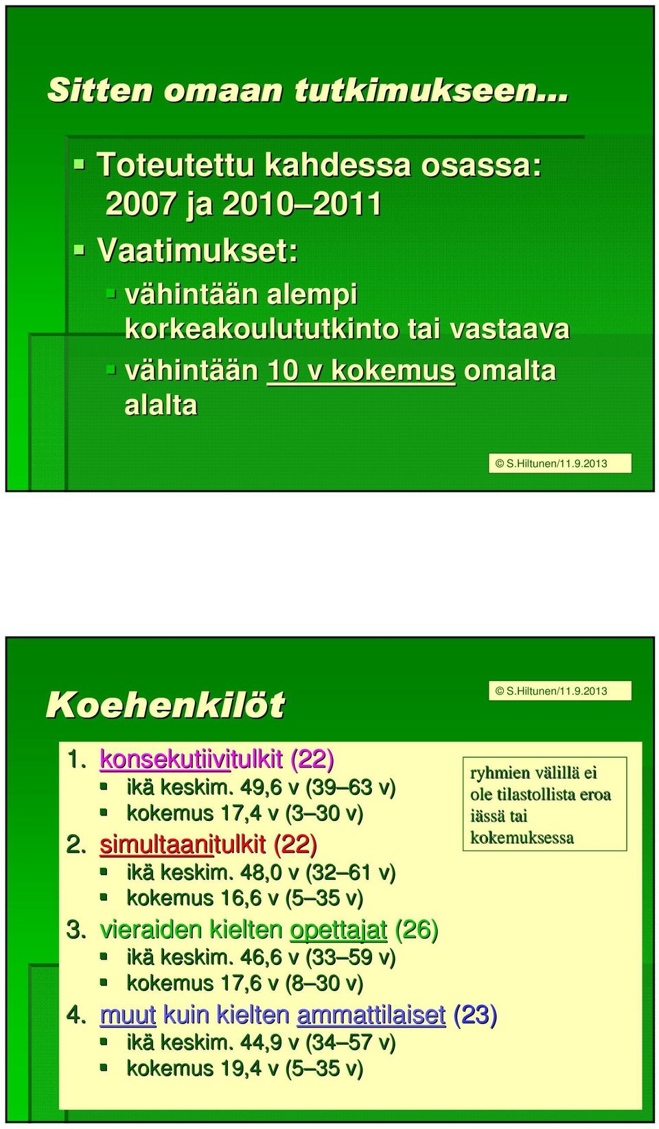 Hiltunen/11.9.2013 Koehenkilöt 1. konsekutiivitulkit tulkit (22) ikä keskim. 49,6 v (39 63 v) kokemus 17,4 v (3 30 30 v) 2. simultaanitulkit tulkit (22) ikä keskim.