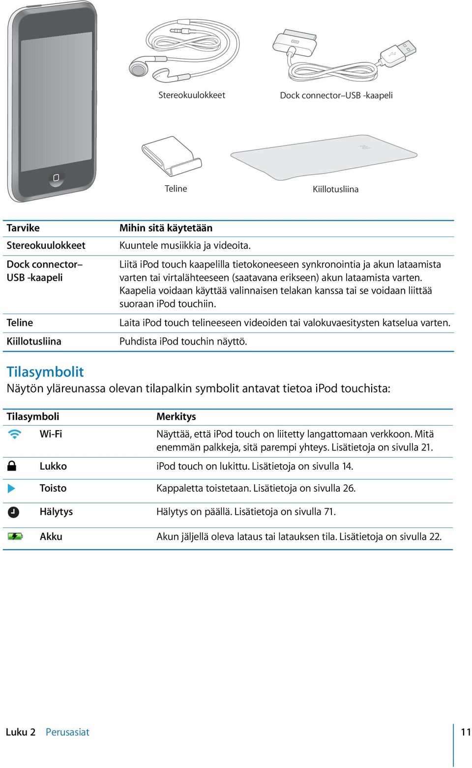 Kaapelia voidaan käyttää valinnaisen telakan kanssa tai se voidaan liittää suoraan ipod touchiin. Laita ipod touch telineeseen videoiden tai valokuvaesitysten katselua varten.