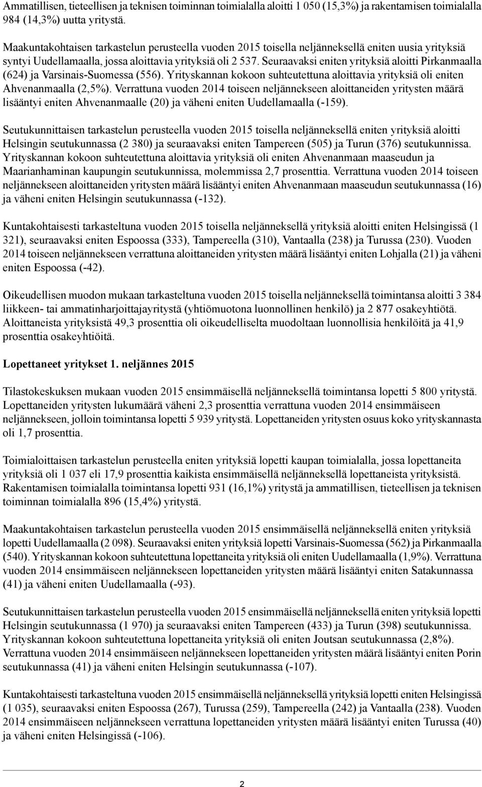 Seuraavaksi eniten yrityksiä aloitti Pirkanmaalla (624) ja Varsinais-Suomessa (556). Yrityskannan kokoon suhteutettuna aloittavia yrityksiä oli eniten Ahvenanmaalla (2,5%).