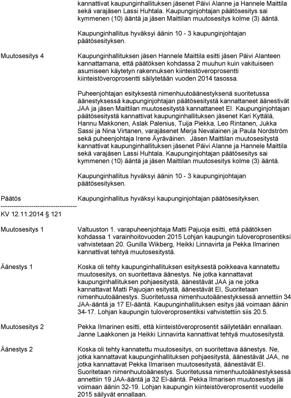 kannattivat kaupunginhallituksen jäsenet Päivi Alanne ja Hannele Maittila Päätös Kaupunginhallitus hyväksyi kaupunginjohtajan ----------------------------------- KV 12.11.