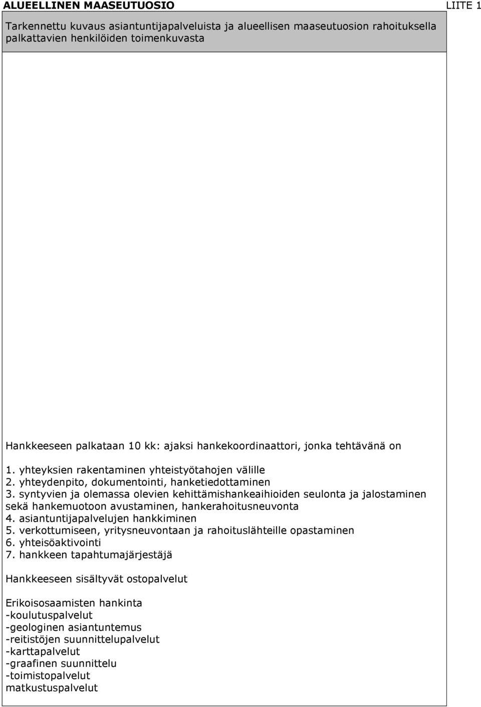 syntyvien ja olemassa olevien kehittämishankeaihioiden seulonta ja jalostaminen sekä hankemuotoon avustaminen, hankerahoitusneuvonta 4. asiantuntijapalvelujen hankkiminen 5.