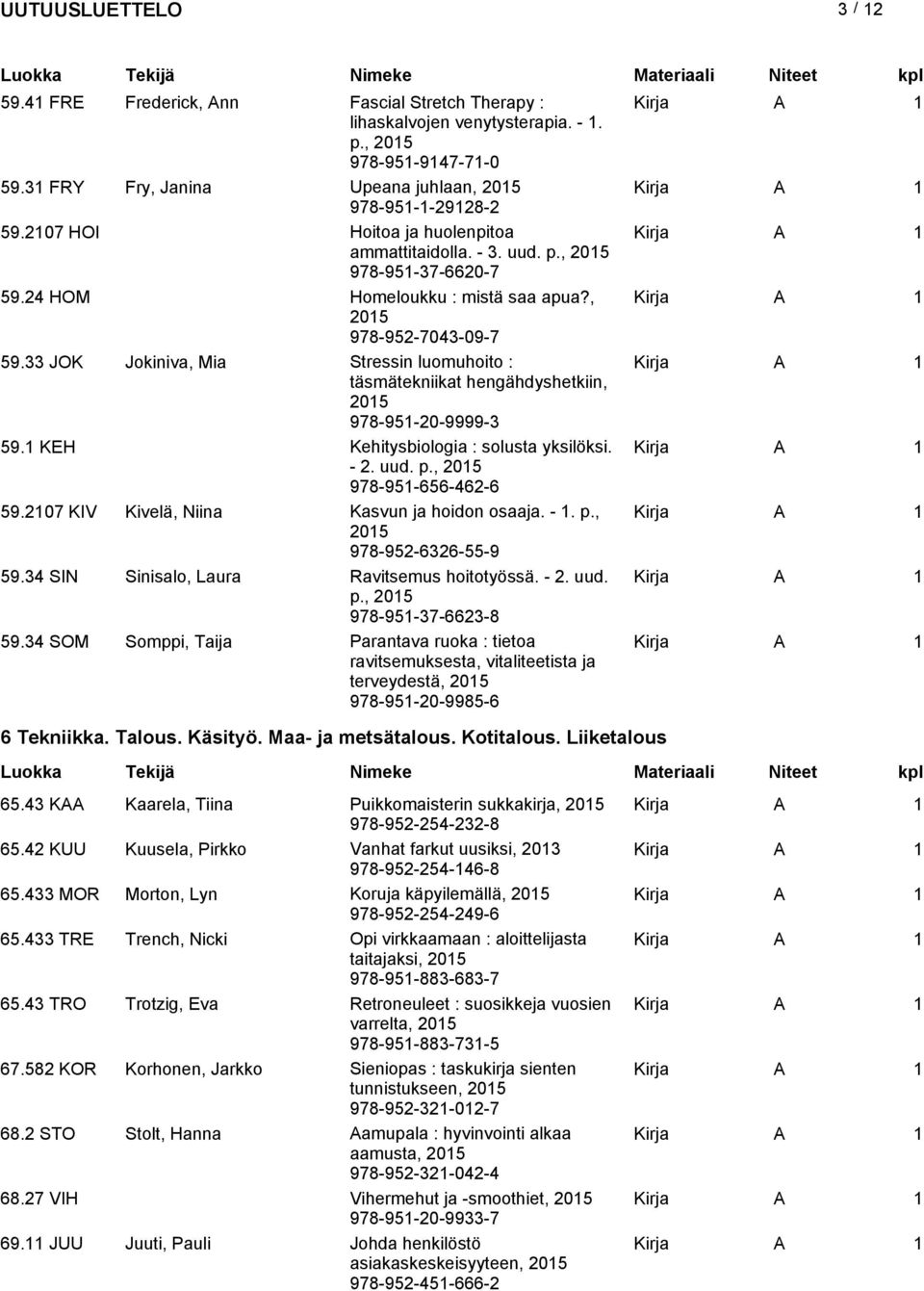 33 JOK Jokiniva, Mia Stressin luomuhoito : täsmätekniikat hengähdyshetkiin, 978-951-20-9999-3 59.1 KEH Kehitysbiologia : solusta yksilöksi. - 2. uud. p., 978-951-656-462-6 59.