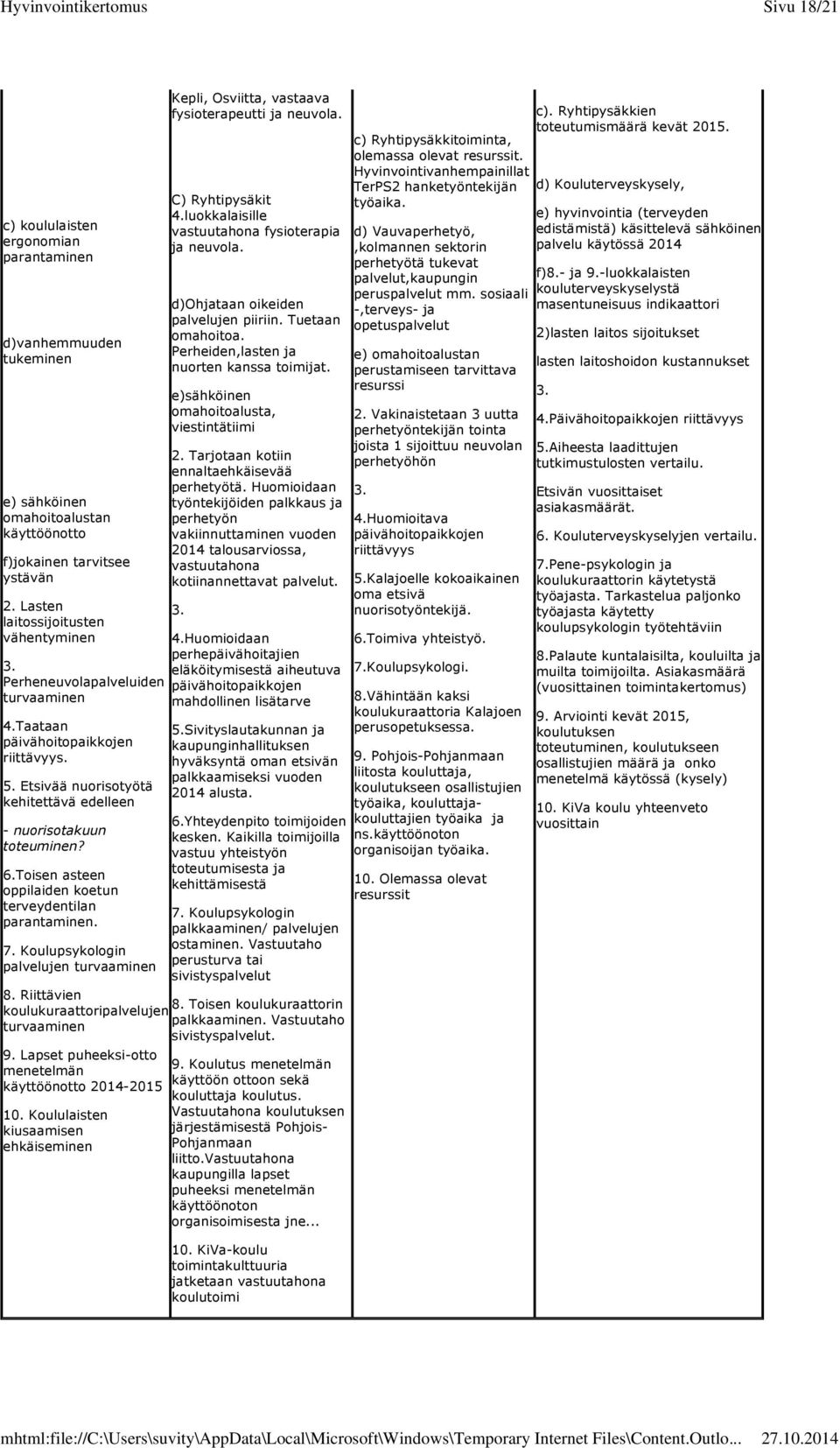 Toisen asteen oppilaiden koetun terveydentilan parantaminen. 7. Koulupsykologin palvelujen turvaaminen 8. Riittävien koulukuraattoripalvelujen 8. Toisen koulukuraattorin turvaaminen palkkaaminen.