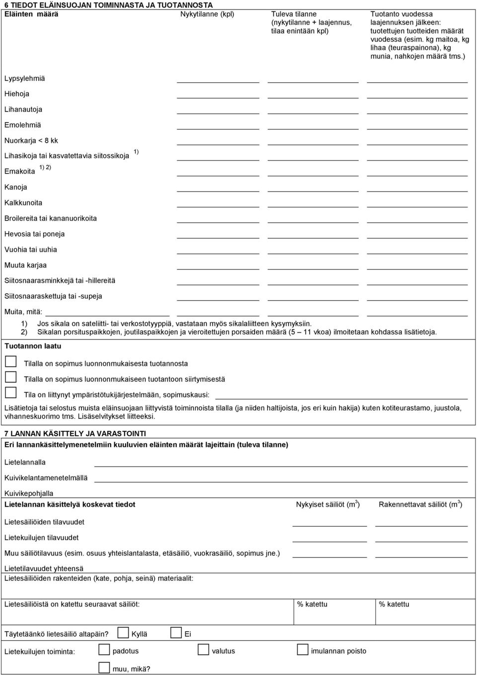 ) Lypsylehmiä Hiehoja Lihanautoja Emolehmiä Nuorkarja < 8 kk Lihasikoja tai kasvatettavia siitossikoja 1) 1) 2) Emakoita Kanoja Kalkkunoita Broilereita tai kananuorikoita Hevosia tai poneja Vuohia