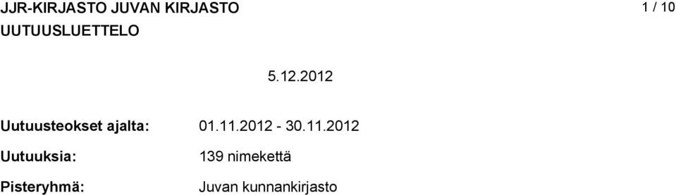 2012 Uutuusteokset ajalta: Uutuuksia: