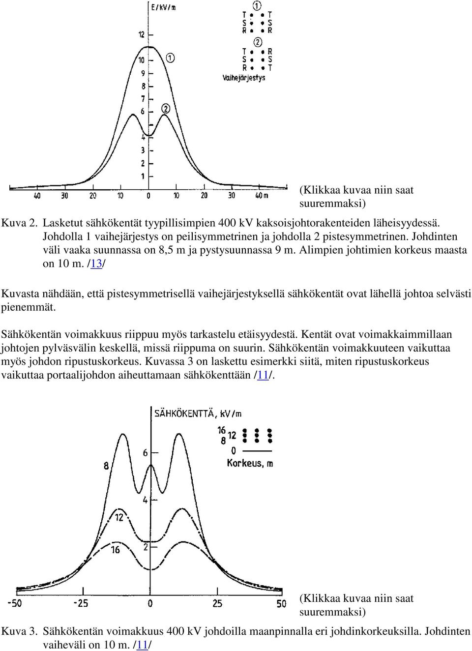 /13/ Kuvasta nähdään, että pistesymmetrisellä vaihejärjestyksellä sähkökentät ovat lähellä johtoa selvästi pienemmät. Sähkökentän voimakkuus riippuu myös tarkastelu etäisyydestä.