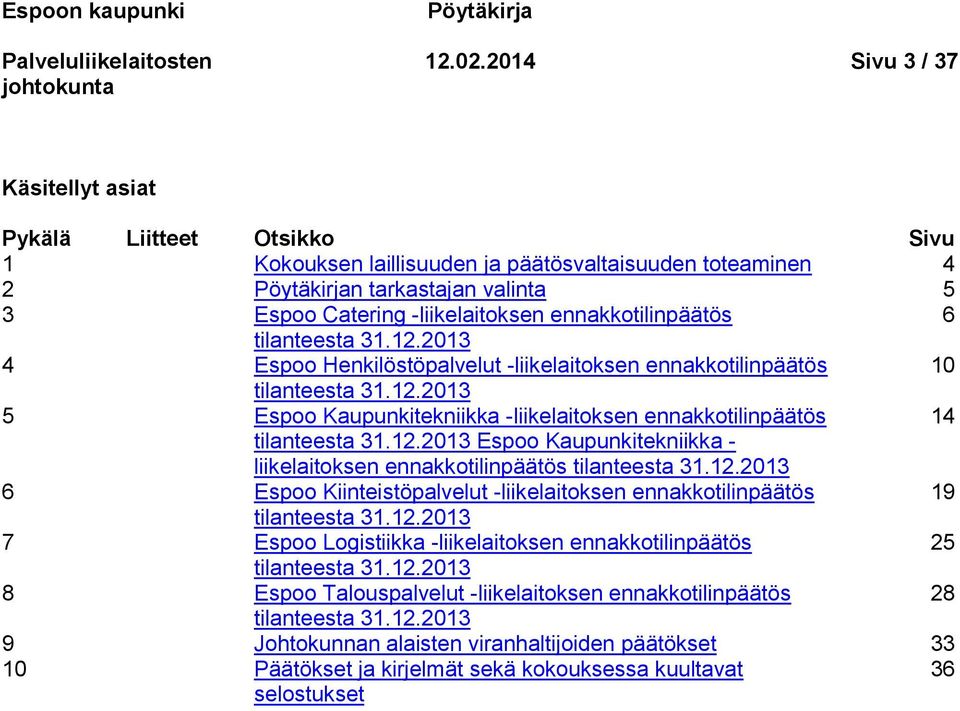 ennakkotilinpäätös 6 tilanteesta 31.12.2013 4 Espoo Henkilöstöpalvelut -liikelaitoksen ennakkotilinpäätös 10 tilanteesta 31.12.2013 5 Espoo Kaupunkitekniikka -liikelaitoksen ennakkotilinpäätös 14 tilanteesta 31.