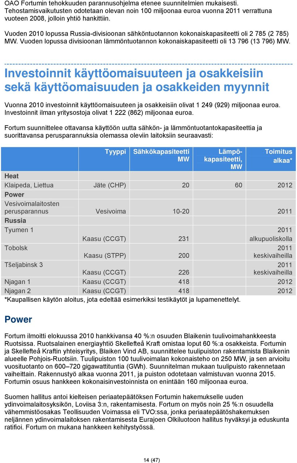 Investoinnit käyttöomaisuuteen ja osakkeisiin sekä käyttöomaisuuden ja osakkeiden myynnit Vuonna 2010 investoinnit käyttöomaisuuteen ja osakkeisiin olivat 1 249 (929) miljoonaa euroa.