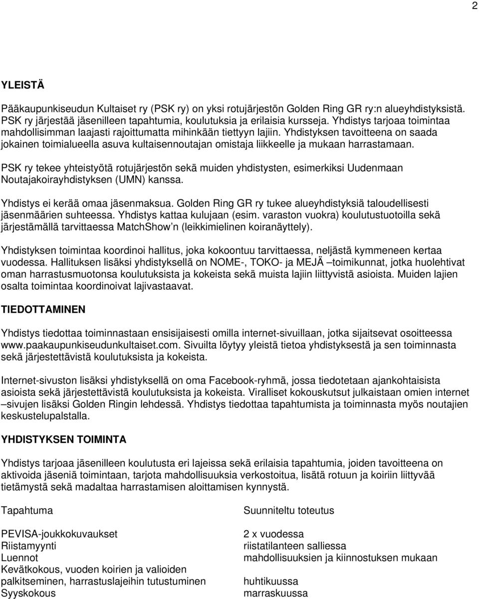 Yhdistyksen tavoitteena on saada jokainen toimialueella asuva kultaisennoutajan omistaja liikkeelle ja mukaan harrastamaan.