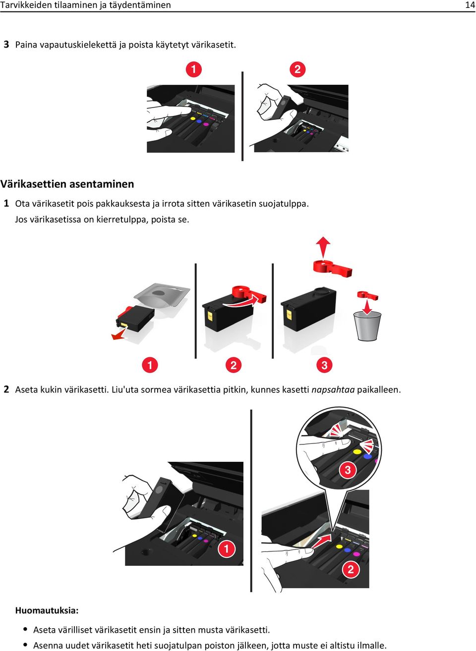 Jos värikasetissa on kierretulppa, poista se. 1 2 3 2 Aseta kukin värikasetti.