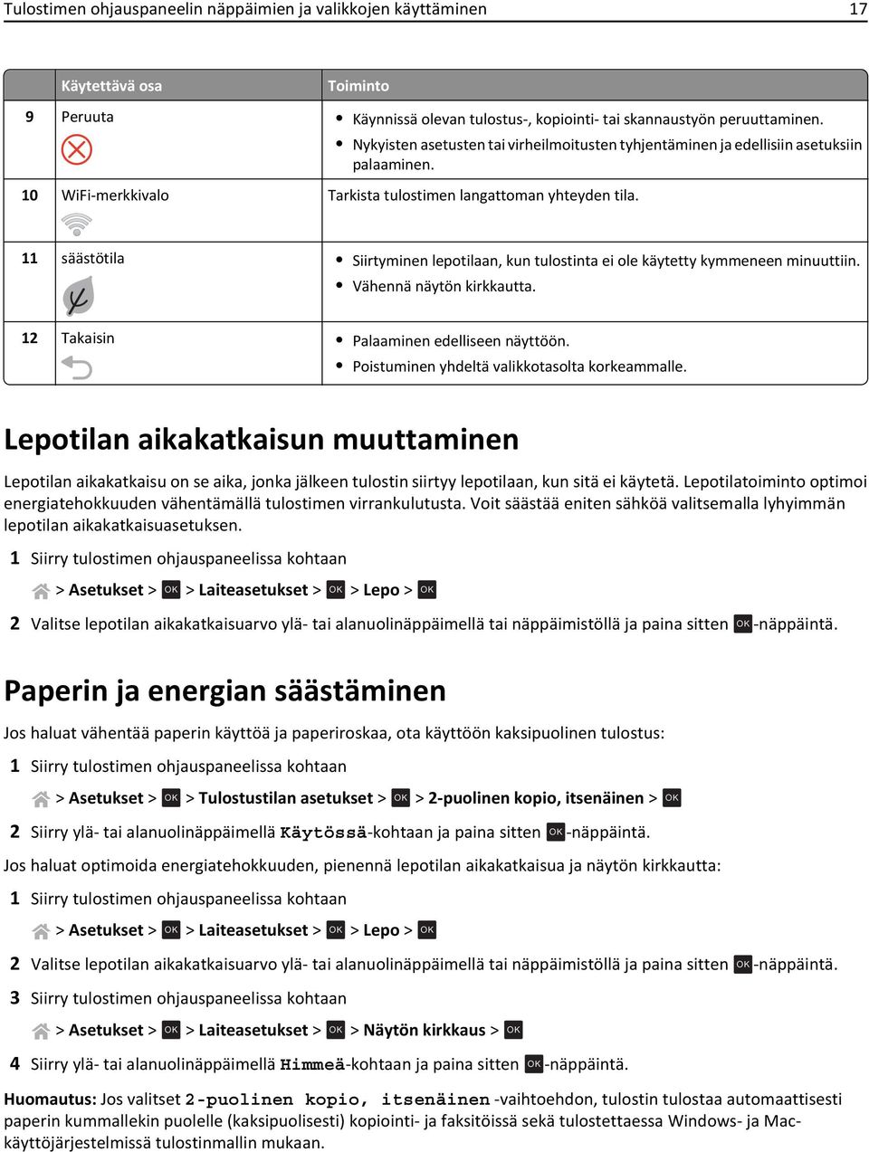 11 säästötila Siirtyminen lepotilaan, kun tulostinta ei ole käytetty kymmeneen minuuttiin. Vähennä näytön kirkkautta. 12 Takaisin Palaaminen edelliseen näyttöön.