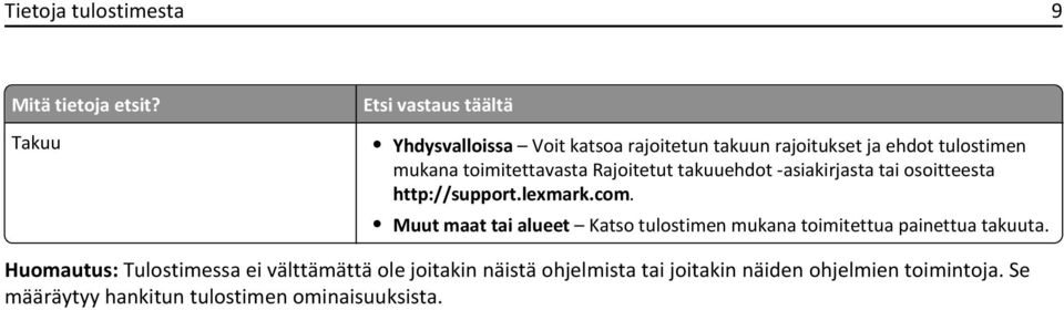 toimitettavasta Rajoitetut takuuehdot -asiakirjasta tai osoitteesta http://support.lexmark.com.