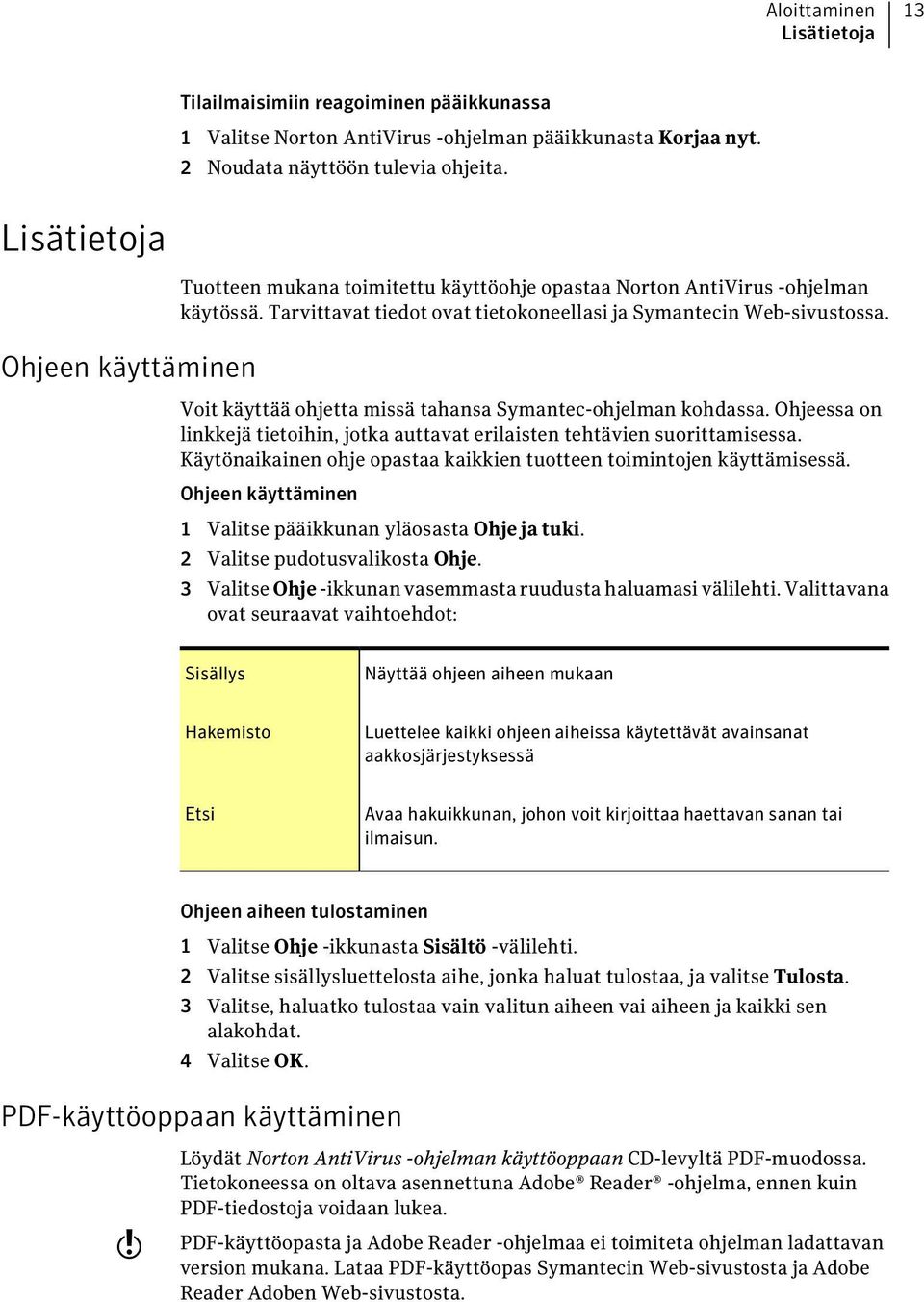 Voit käyttää ohjetta missä tahansa Symantec-ohjelman kohdassa. Ohjeessa on linkkejä tietoihin, jotka auttavat erilaisten tehtävien suorittamisessa.