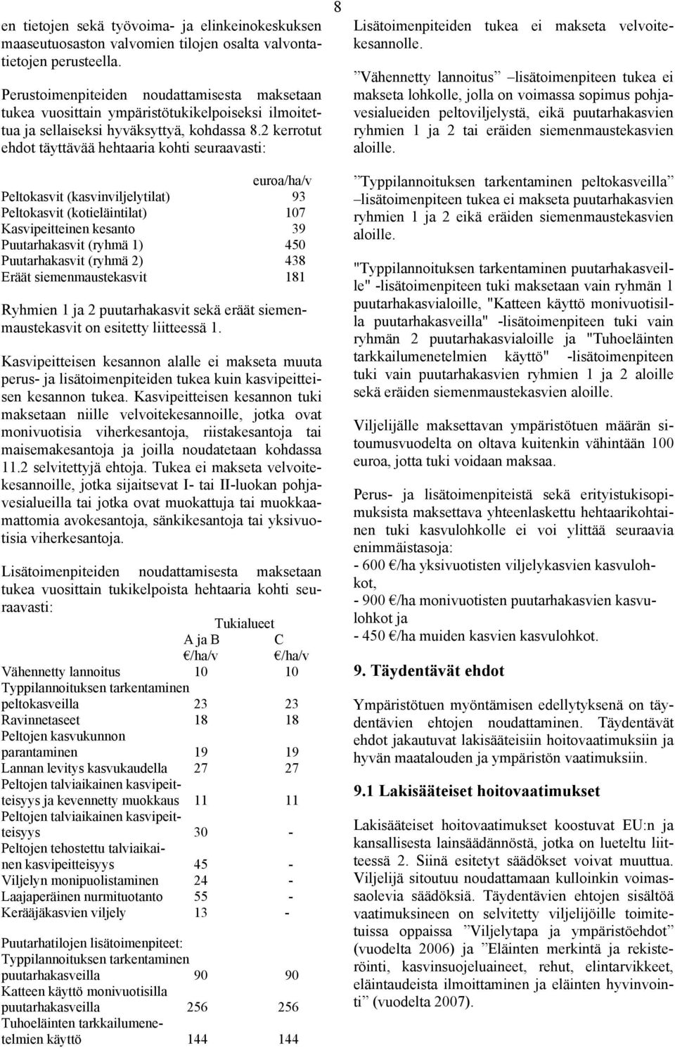 2 kerrotut ehdot täyttävää hehtaaria kohti seuraavasti: euroa/ha/v Peltokasvit (kasvinviljelytilat) 93 Peltokasvit (kotieläintilat) 107 Kasvipeitteinen kesanto 39 Puutarhakasvit (ryhmä 1) 450