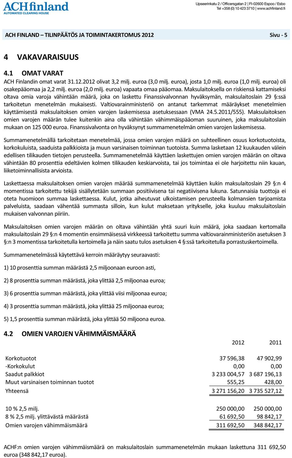 Maksulaitoksella on riskiensä kattamiseksi oltava omia varoja vähintään määrä, joka on laskettu Finanssivalvonnan hyväksymän, maksulaitoslain 29 :ssä tarkoitetun menetelmän mukaisesti.