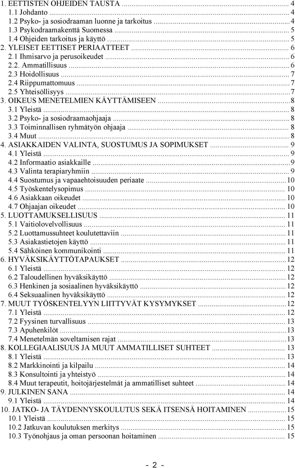 ..8 3.1 Yleistä... 8 3.2 Psyko- ja sosiodraamaohjaaja... 8 3.3 Toiminnallisen ryhmätyön ohjaaja... 8 3.4 Muut...8 4. ASIAKKAIDEN VALINTA, SUOSTUMUS JA SOPIMUKSET... 9 4.1 Yleistä... 9 4.2 Informaatio asiakkaille.