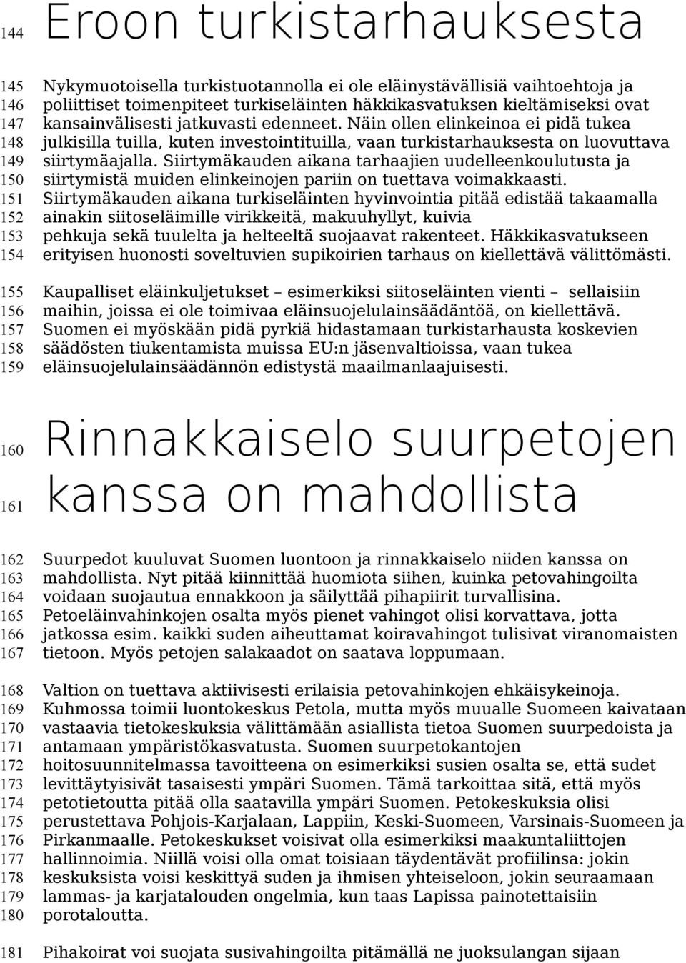 Näin ollen elinkeinoa ei pidä tukea julkisilla tuilla, kuten investointituilla, vaan turkistarhauksesta on luovuttava siirtymäajalla.