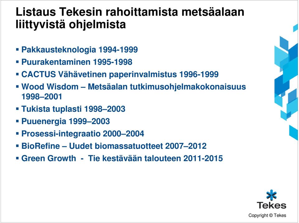 tutkimusohjelmakokonaisuus 1998 2001 Tukista tuplasti 1998 2003 Puuenergia 1999 2003